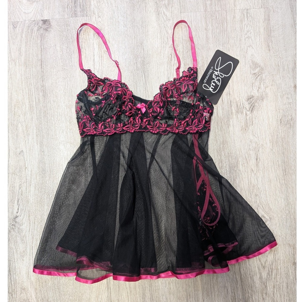 NWT Shirley of Hollywood Black Pink Babydoll Lingerie Set Large